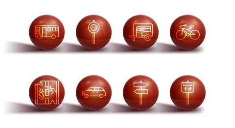 Set line Bus, Broken road, Bicycle, Road traffic signpost, Hatchback car, and Rv Stock Illustration