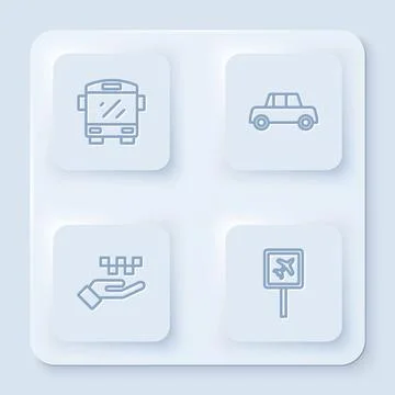 Set line Bus, Car, Hand with taxi and Airport. White square button. Vector Stock Illustration