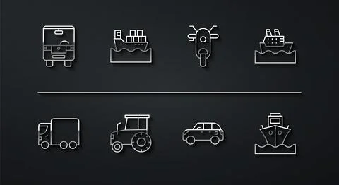 Set line Bus Delivery cargo truck Cruise ship Hatchback Tractor Cargo with bo 스톡 일러스트
