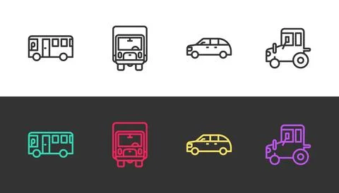 Set line Bus, Delivery cargo truck, Hatchback and Tractor on black and whit.. Stock Illustration