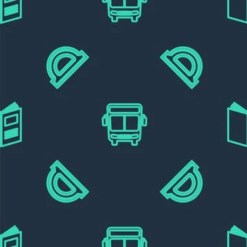 Set line Bus, Protractor grid and Open book on seamless pattern. Vector Illustrazione stock