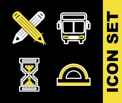 Set line Bus, Protractor grid, Hourglass pixel and Crossed pencil icon. Vector Illustrazione stock