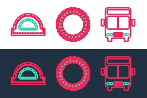 Set line Bus, Protractor grid and Laurel wreath icon. Vector Illustrazione stock