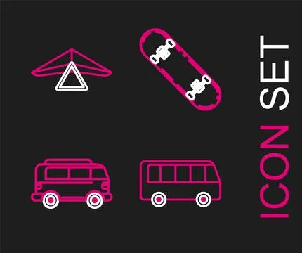 Set line Bus, Retro minivan, Skateboard and Hang glider icon. Vector Ilustración de archivo