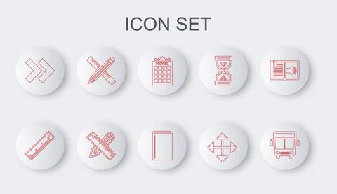 Set line Bus, Ruler, Hotel building, Pixel arrows four directions, Arrow Ilustración de archivo