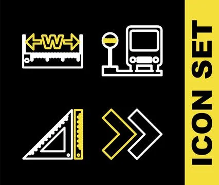 Set line Bus stop, Arrow, Triangular ruler and Measuring height and length .. Illustrazione stock