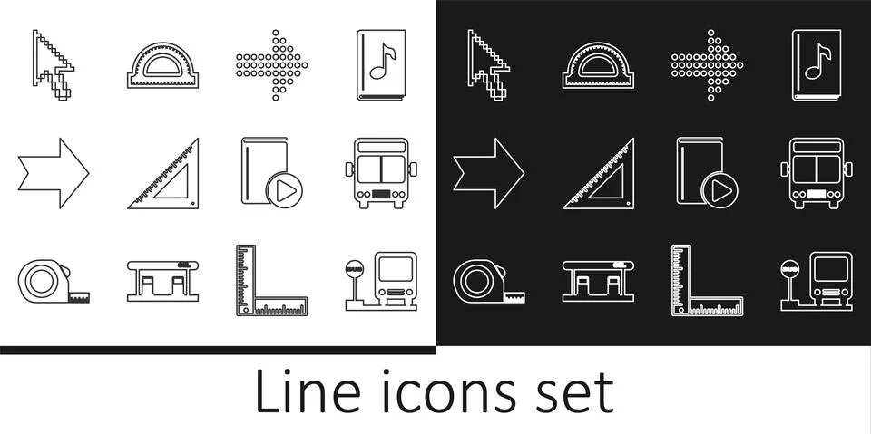 Set line Bus stop, Dots arrow, Triangular ruler, Arrow, Pixel cursor, Audio book Illustrazione stock