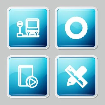 Set line Bus stop, Laurel wreath, Audio book and Crossed ruler and pencil ico 스톡 일러스트