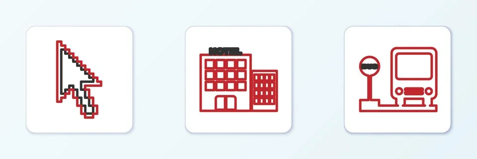 Set line Bus stop, Pixel arrow cursor and Hotel building icon. Vector 스톡 일러스트