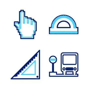 Set line Bus stop, Triangular ruler, Protractor grid and Pixel hand cursor .. Stock Illustration