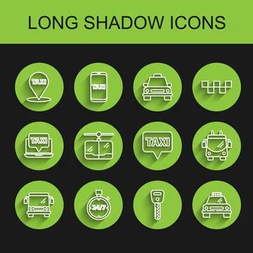 Set line Bus, Stopwatch 24 hours, Map pointer with taxi, Car key, Taxi car Stock-Illustration