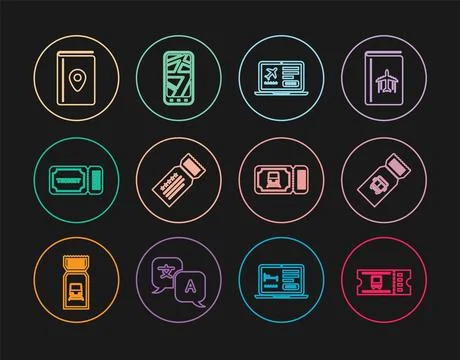 Set line Bus ticket, Laptop with, Ticket, Cover book travel guide, Train an.. Stock Illustration