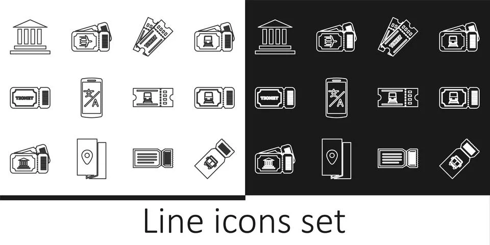 Set line Bus ticket, Train, Ticket, Online translator, Museum building, and Ilustración de archivo