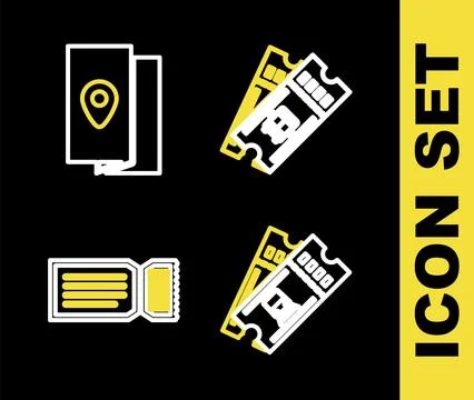 Set line Bus ticket, Train, Ticket and Cover book travel guide icon. Vector Stock Illustration