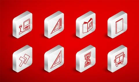 Set line Bus, Triangular ruler, Audio book, Book, Hourglass pixel, stop,  a.. Stock Illustration