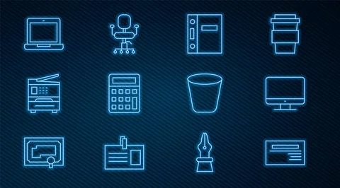 Set line Business card, Computer monitor screen, Office folders, Calculator.. Stock Illustration