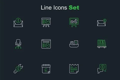 Set line Business negotiations, Document with graph chart, Calendar, Repair.. Illustrazione stock