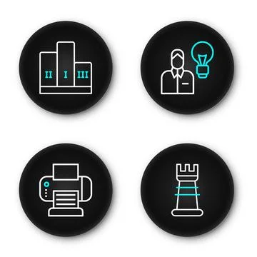 Set line Business strategy, Printer, Human with lamp bulb and Award over wi.. Illustrazione stock