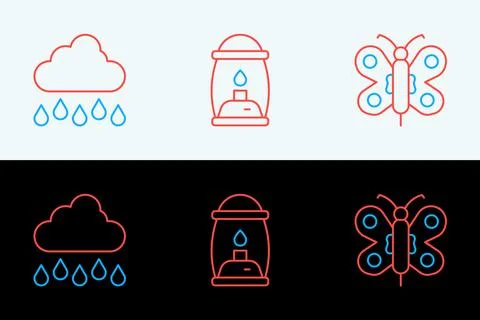 Set line Butterfly, Cloud with rain and Camping lantern icon. Vector Stock Illustration