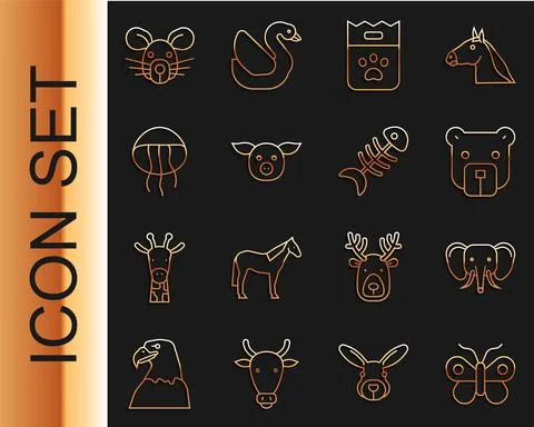 Set line Butterfly, Elephant, Bear head, Bag of food, Pig, Jellyfish, Rat and Stock Illustration