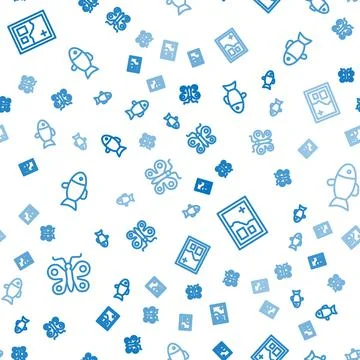 Set line Butterfly, Folded map and Fish on seamless pattern. Vector Stock Illustration