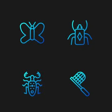 Set line Butterfly net, Beetle deer, and bug. Gradient color icons. Vector イラスト素材