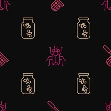 Set line Butterfly net, Fireflies bugs in a jar and Beetle on seamless pattern 스톡 일러스트