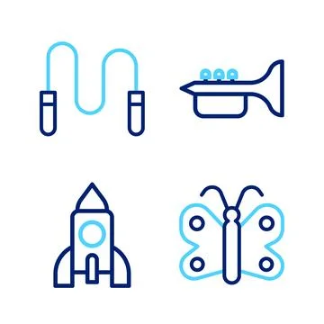 Set line Butterfly, Rocket ship toy, Trumpet and Jump rope icon. Vector Stock Illustration