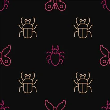 Set line Butterfly, Stink bug and Beetle deer on seamless pattern. Vector 스톡 일러스트