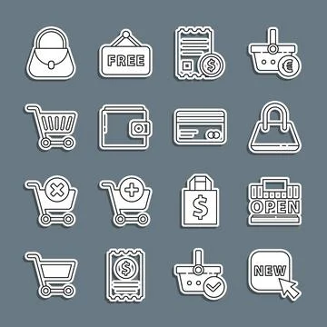 Set line Button with text New, Shopping building and open, Handbag, Paper check Ilustración de archivo