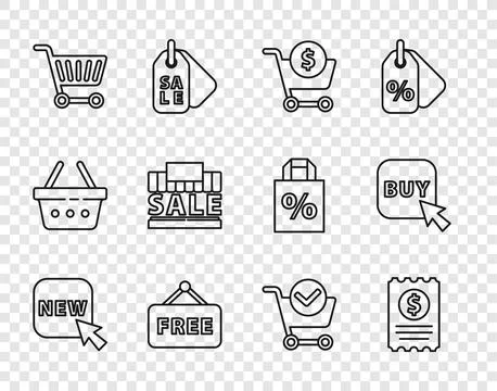 Set line Button with text New, Paper check and financial check, Shopping cart Ilustración de archivo