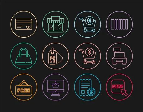 Set line Button with text New, Cash register machine, Shopping cart and euro Ilustración de archivo