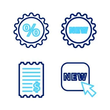 Set line Button with text New, Paper check and financial check, Price tag a.. Stock Illustration