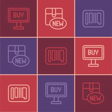 Set line Buy button, Barcode and New collection icon. Vector Stockillustratie