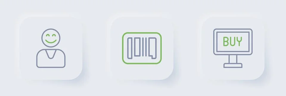 Set line Buy button, Barcode and Happy customer icon. Vector Illustrazione stock
