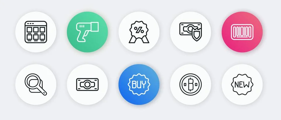 Set line Buy button, Barcode, Magnifying glass, Cryptocurrency coin Bitcoin.. 스톡 일러스트