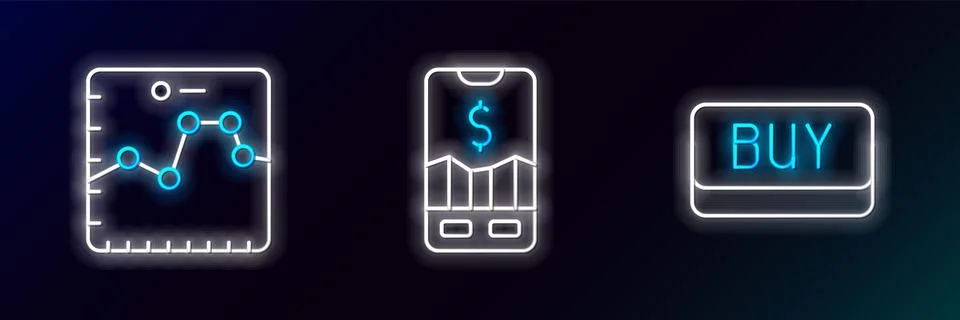 Set line Buy button, Browser with growth graph and Mobile stock trading icon. Illustrazione stock