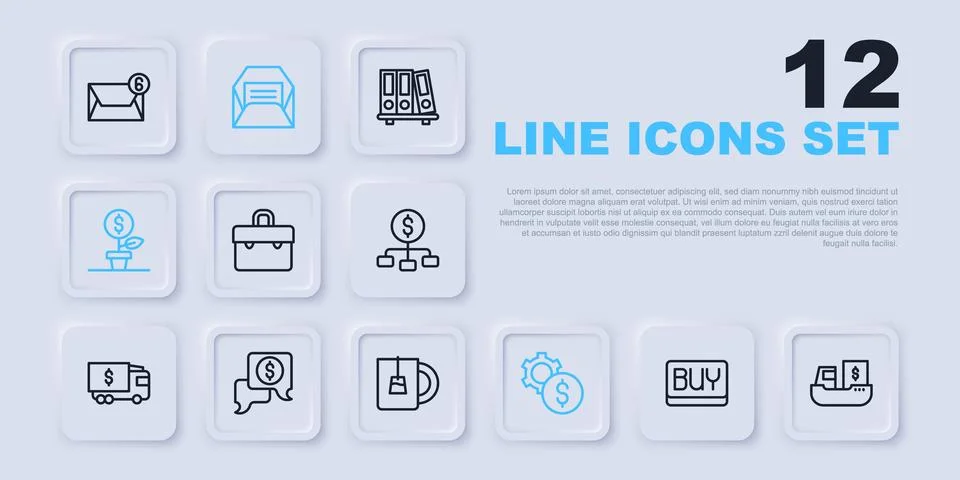 Set line Buy button, Cargo ship with boxes delivery, Briefcase, Gear dollar.. Stock Illustration