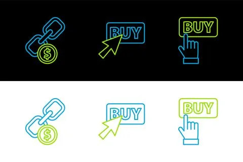 Set line Buy button, Chain link and coin and  icon. Vector Stock Illustration