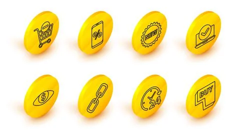Set line Buy button, Clock 24 hours, Chain link, Eye with dollar, Laptop, Price 스톡 일러스트