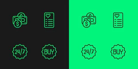 Set line Buy button, Clock 24 hours, Stacks paper money cash and Shopping list Illustrazione stock