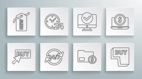 Set line Buy button, Clock 24 hours, Envelope with coin dollar, Computer monitor Stock Illustration