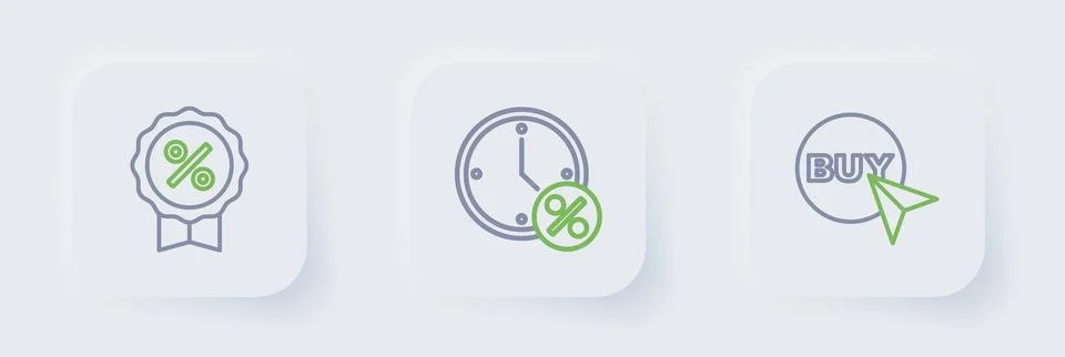 Set line Buy button, Clock and percent discount and Discount tag icon. Vector 스톡 일러스트