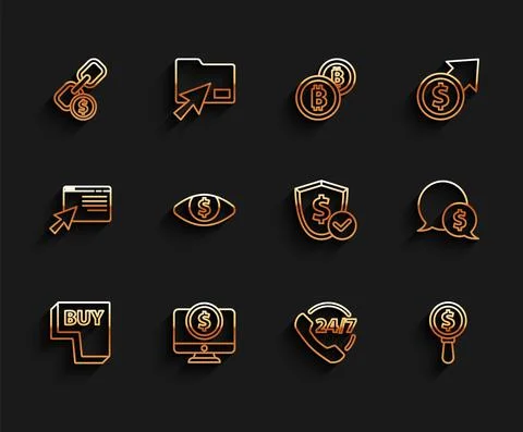 Set line Buy button, Computer monitor with dollar, Chain link and coin Stock Illustration