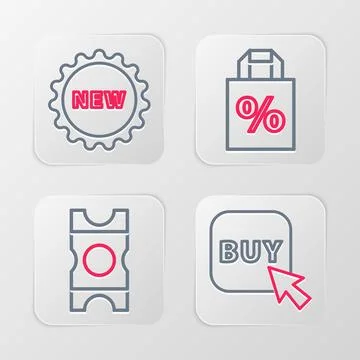 Set line Buy button Coupon Shoping bag with percent discount and Price tag te Illustrazione stock