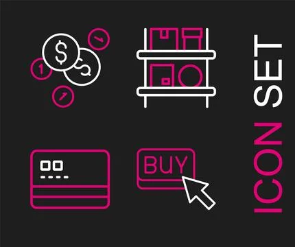 Set line Buy button, Credit card, Warehouse interior with boxes and Coin mo.. 스톡 일러스트