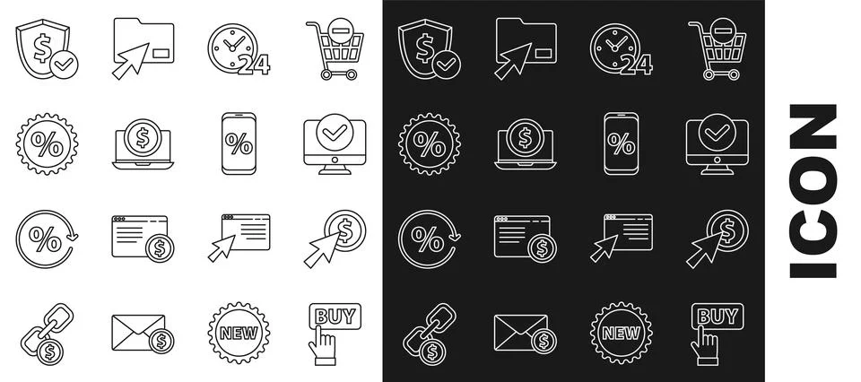 Set line Buy button, Cursor and coin, Computer monitor, Clock 24 hours, Lap.. Stock Illustration