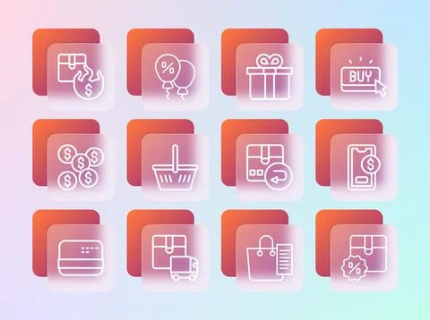 Set line Buy button, Delivery cargo truck, Return cardboard box, Shopping l.. Illustrazione stock