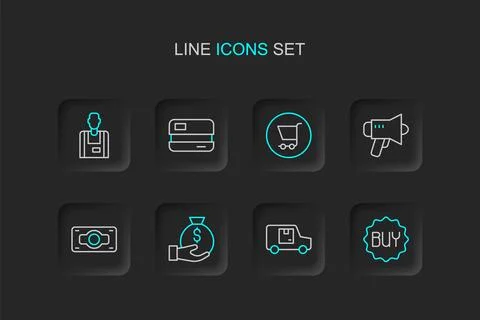 Set line Buy button, Delivery cargo truck, Money bag, Stacks paper money ca.. Illustrazione stock