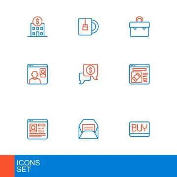 Set line Buy button, Envelope, Resume, Online shopping screen, Video chat c.. Stock Illustration